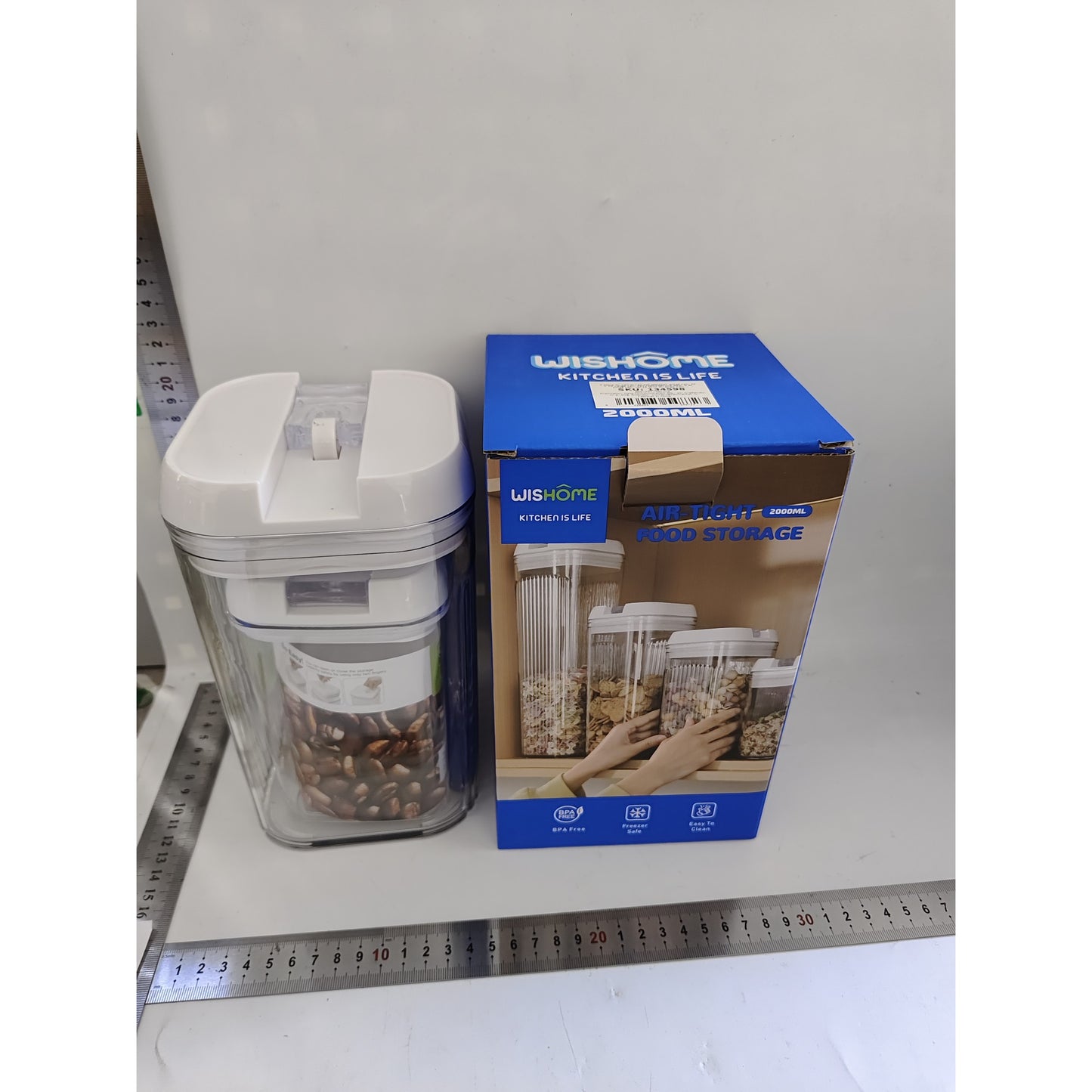 Set 2 Recipiente Depozitare Alimente si Cereale, Containere Organizare Bucatarie, Plastic Transparent, Capace Albe, 0.8 L si 2 L