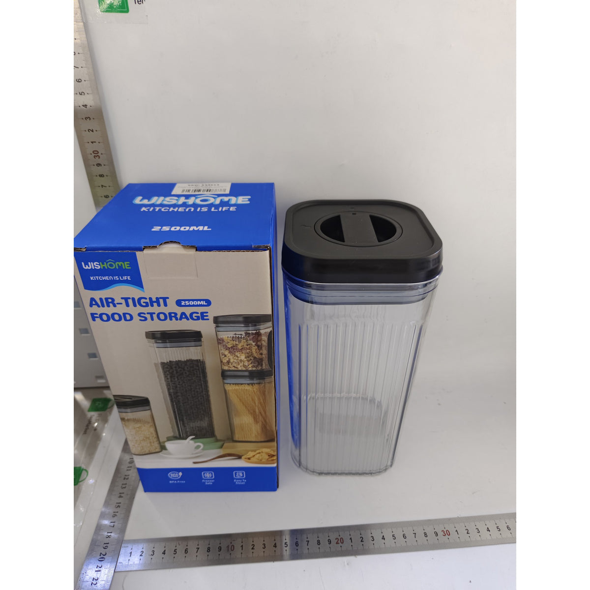 Container Depozitare Alimente, Recipient pentru Cereale si Ingrediente Uscate, Plastic Transparent cu Capac Negru, 2.5 L