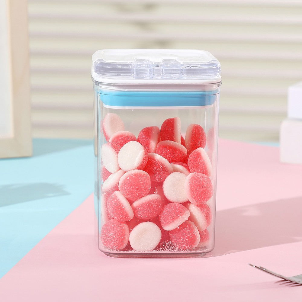 Cutie Depozitare Alimente si Cereale, Container Bucatarie Hermetic, Plastic Transparent, Capac Alb-Albastru, 0.8 L, 10x10x15.5 cm
