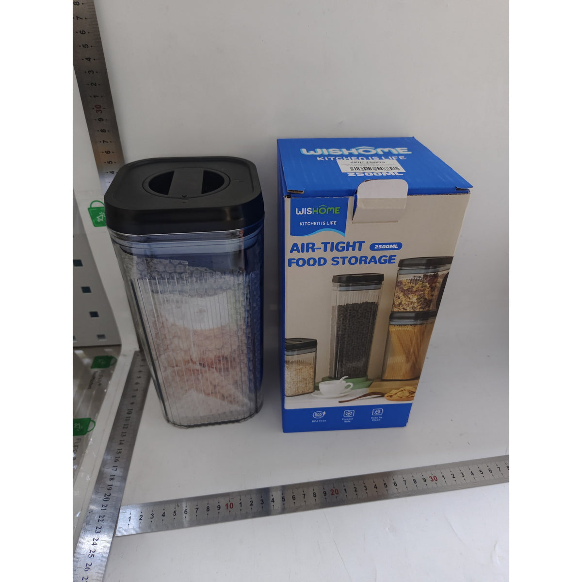 Set 2 Cutii Depozitare Alimente si Cereale, Recipiente Bucatarie Tip Container, Plastic Transparent cu Capac Negru Hermetic, 1.2 L si 2.5 L