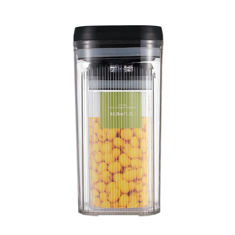 Set 2 Cutii Depozitare Alimente si Cereale, Recipiente Bucatarie Tip Container, Plastic Transparent cu Capac Negru Hermetic, 1.2 L si 2.5 L