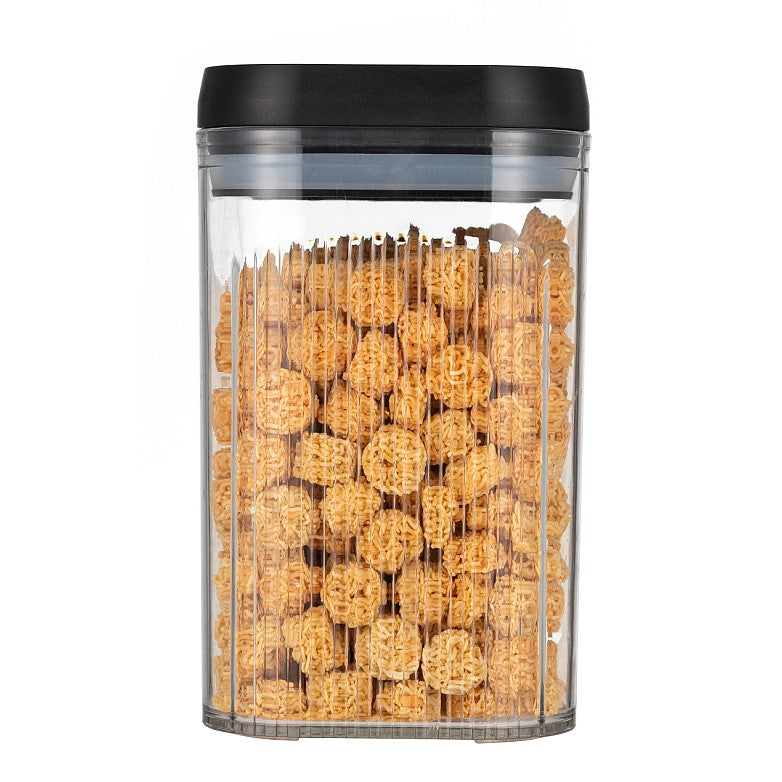 Cutie Depozitare Alimente si Cereale, Container Bucatarie cu Inchidere Ermetica, Plastic Transparent, Capac Negru, 2L