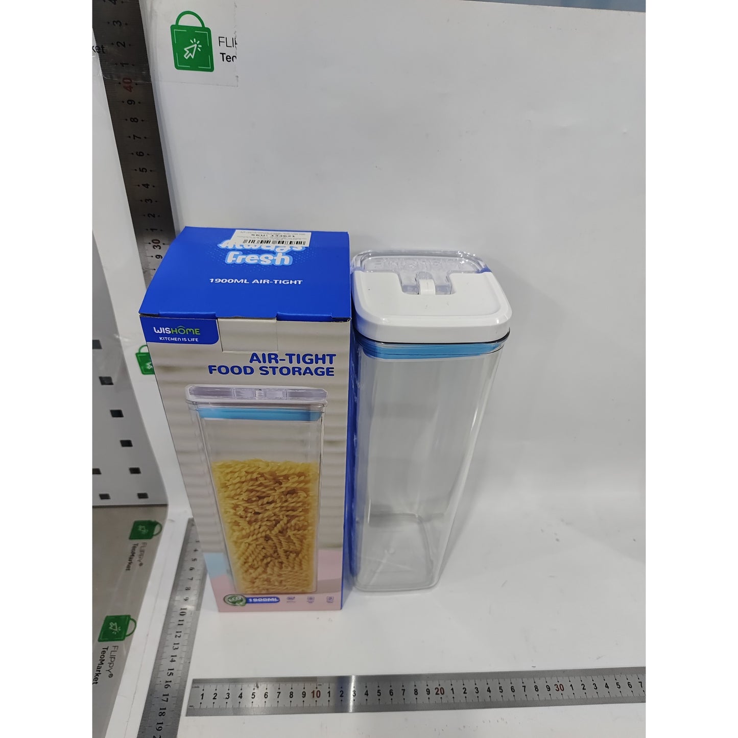 Container Depozitare Alimente si Cereale, Cutie Transparenta cu Capac Ermetic, Plastic Fara BPA, 1.9 L, 10x10x30.5 cm, Alb-Albastru