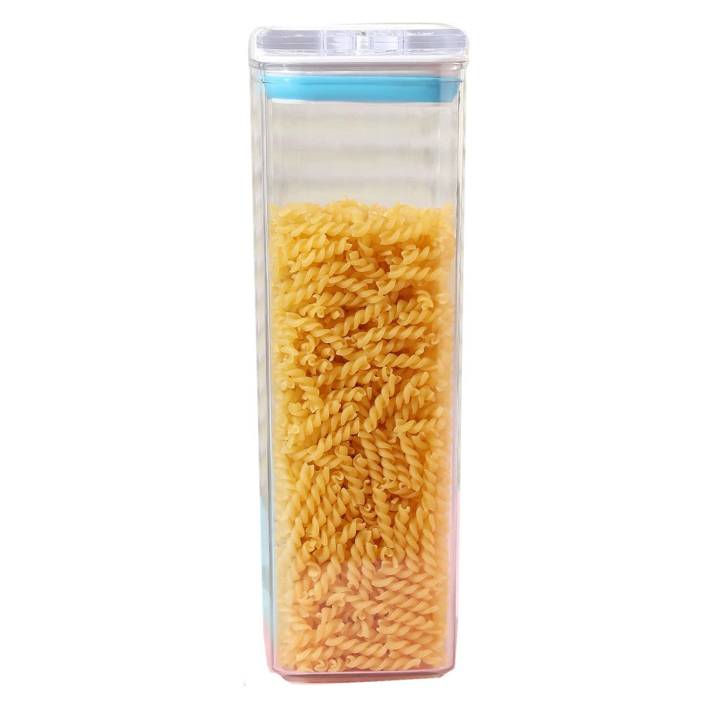 Container Depozitare Alimente si Cereale, Cutie Transparenta cu Capac Ermetic, Plastic Fara BPA, 1.9 L, 10x10x30.5 cm, Alb-Albastru