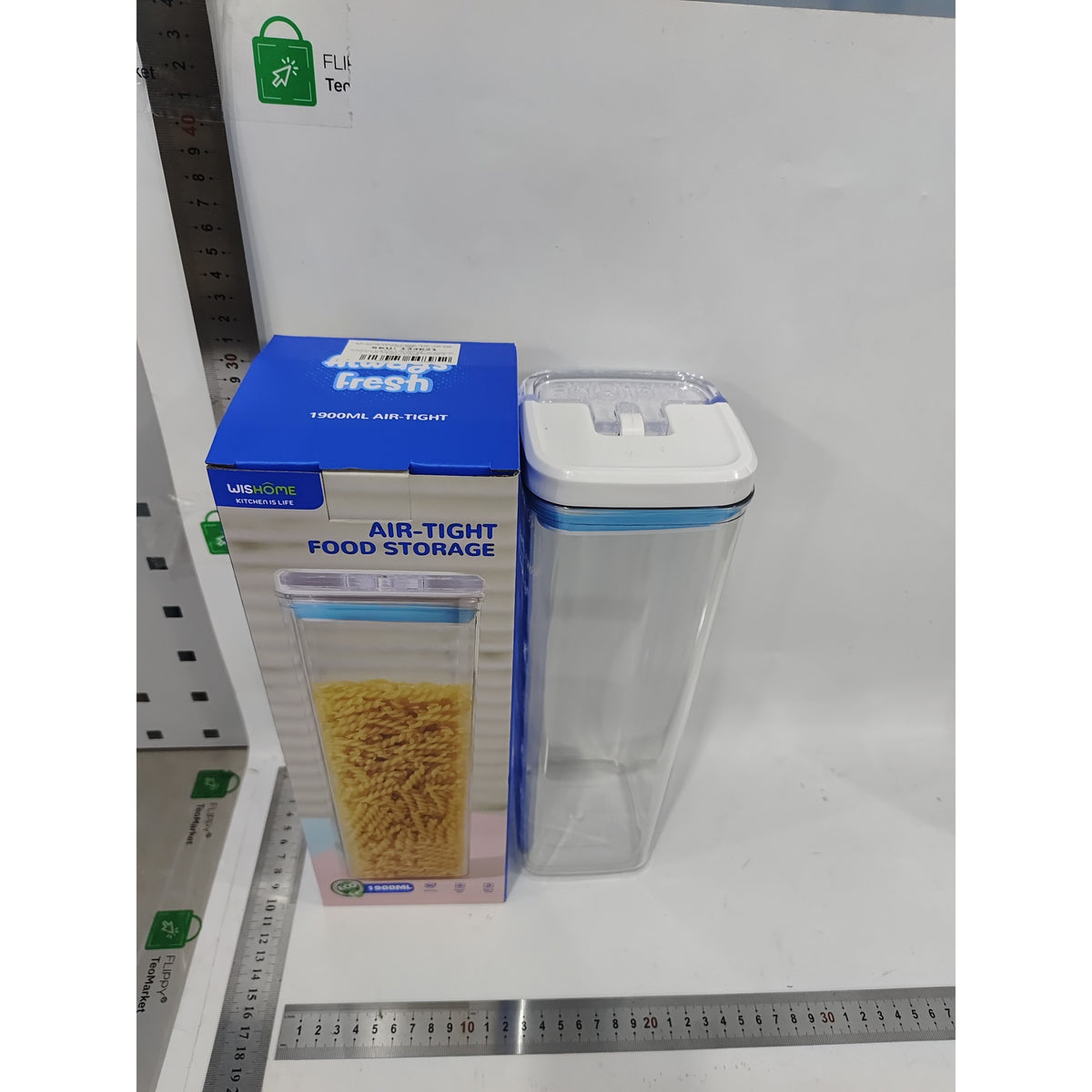Container Depozitare Alimente si Cereale, Cutie Transparenta cu Capac Ermetic, Plastic Fara BPA, 1.9 L, 10x10x30.5 cm, Alb-Albastru