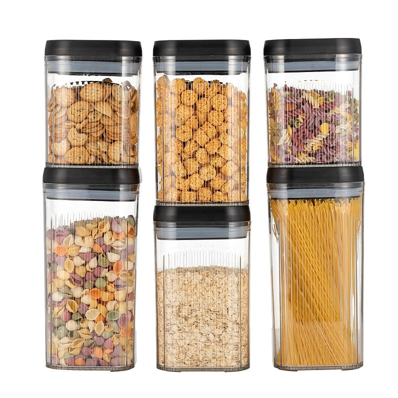 Set 6 Recipiente Depozitare Alimente si Cereale, Containere Transparente cu Capac Ermetic Negru, Plastic fara BPA, 2 x 2.5 L, 2 x 2 L, 2 x 1.7 L