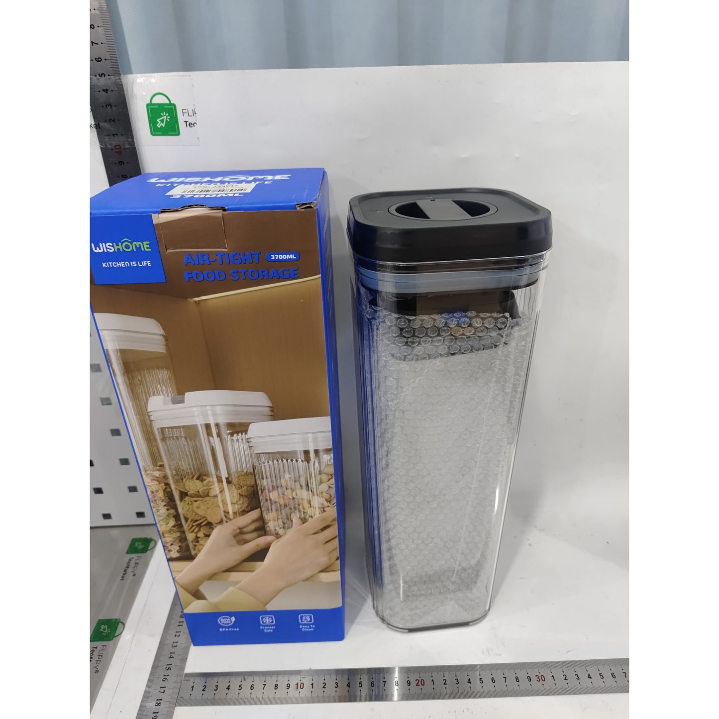 Set 2 Cutii Depozitare Alimente si Cereale, Recipiente Bucatarie Tip Container, Inchidere Ermetica, Plastic Transparent cu Capac Negru, 1.9 L si 3.7 L
