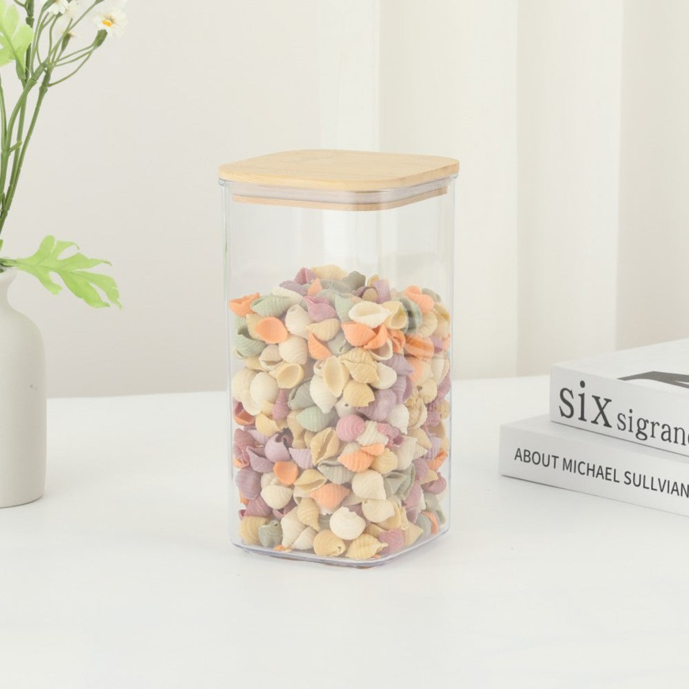 Container Depozitare Alimente și Cereale, Design Etanș cu Capac din Bambus, Plastic Transparent, 10 x 10 x 19 cm, 1.2 L