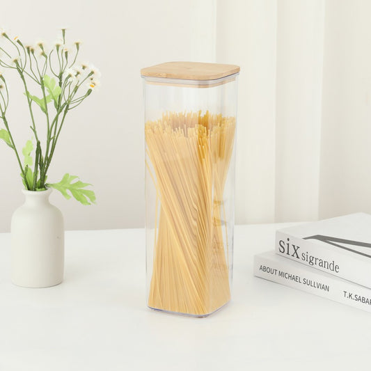 Cutie Depozitare Alimente si Cereale, Container Transparent cu Capac din Bambus, Plastic Rezistent, 10 x 10 x 30 cm, 1.9 l