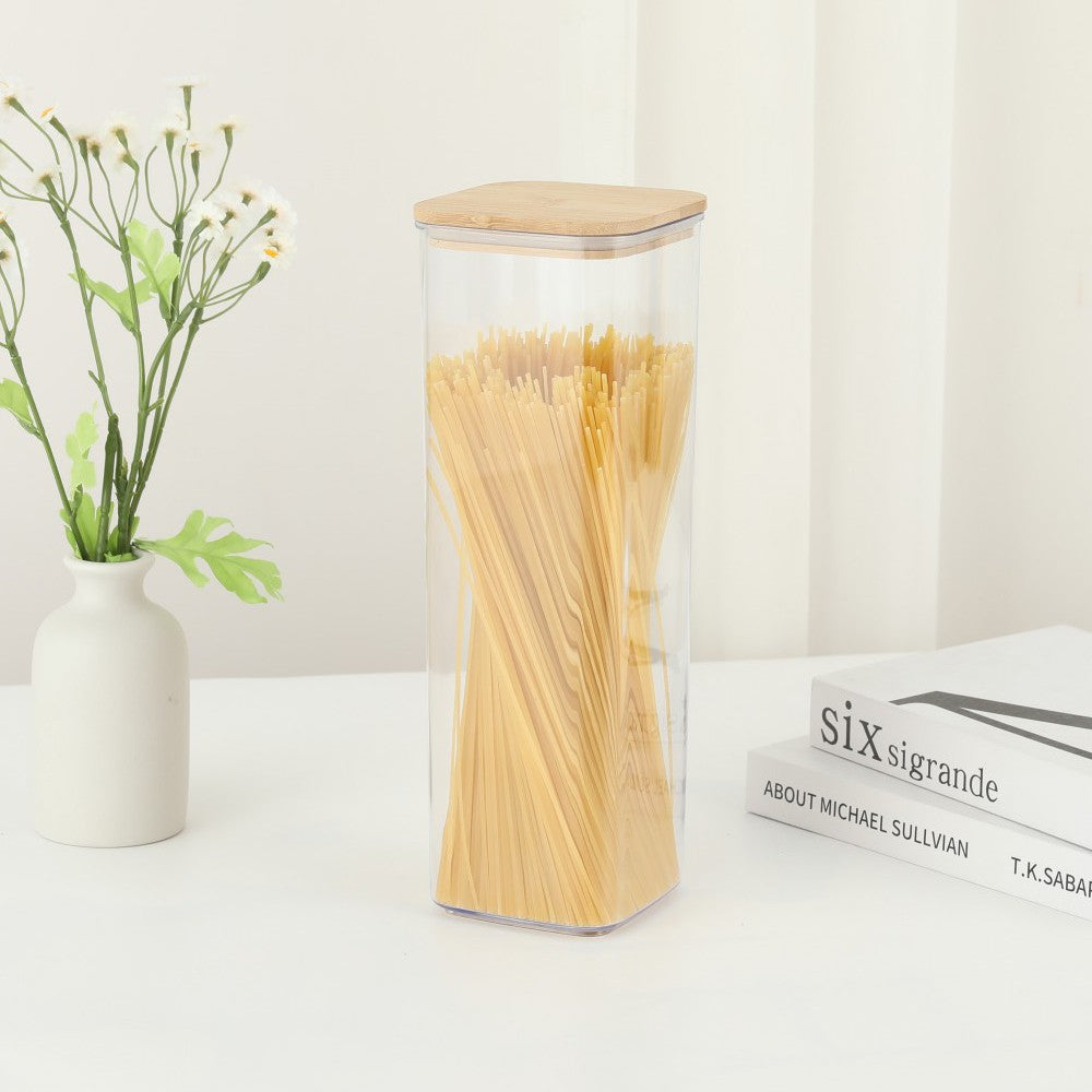 Cutie Depozitare Alimente si Cereale, Container Transparent cu Capac din Bambus, Plastic Rezistent, 10 x 10 x 30 cm, 1.9 l