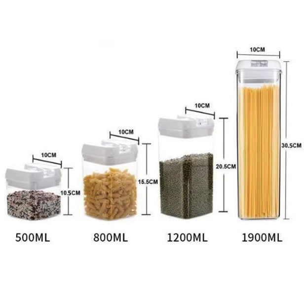 Set 5 Recipiente Depozitare Alimente si Condimente, Organizatoare Bucatarie cu Inchidere Ermetica, Plastic Transparent, Capace Albe, 0.5L - 1.9L