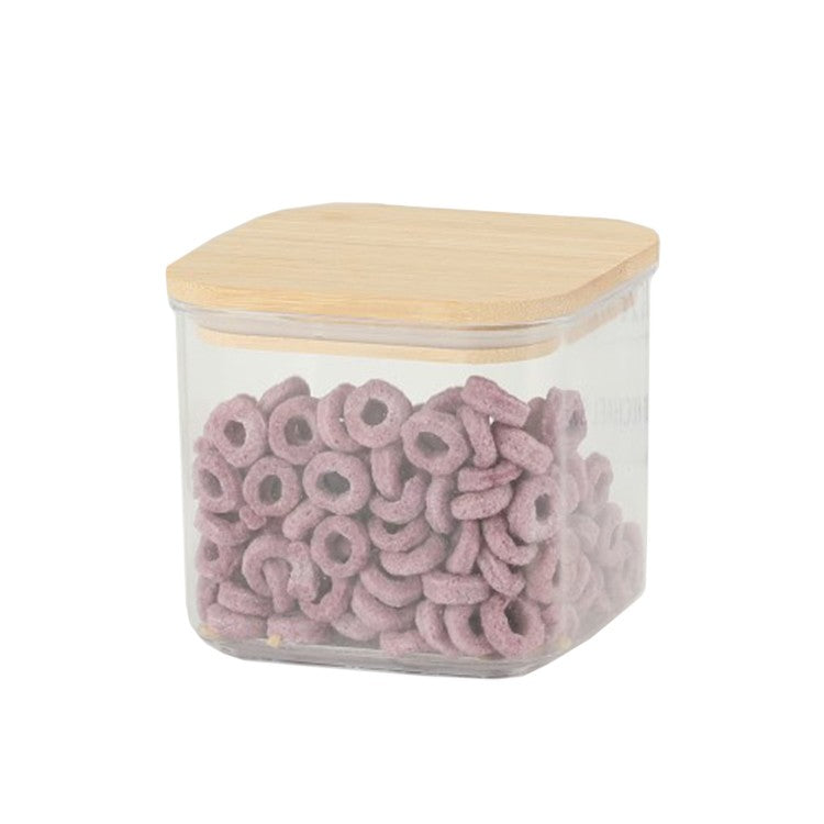 Cutie Depozitare Alimente si Cereale, Container Transparent din Plastic, Capac Etans din Bambus, 0.5 L, 10 x 10 x 8 cm