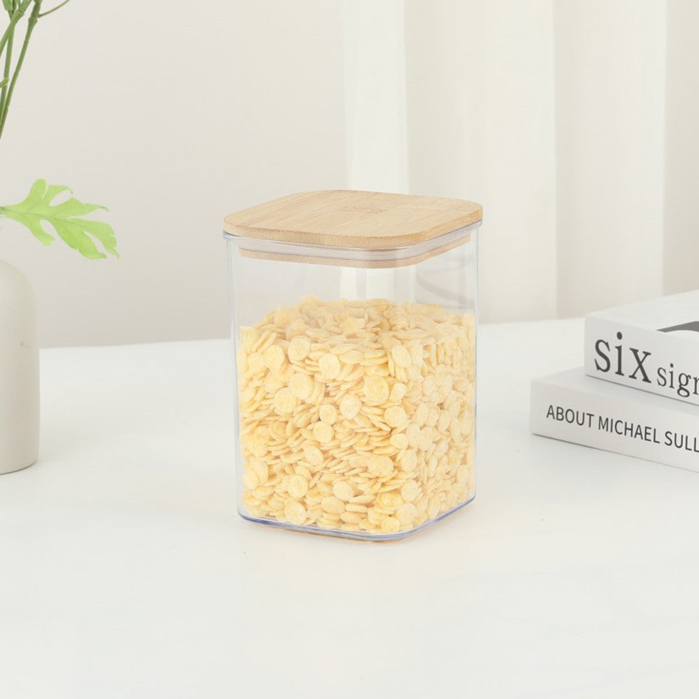 Container Depozitare Alimente si Cereale, Capac Etans din Bambus, Plastic Transparent, 0.8 L, 10 x 10 x 14 cm