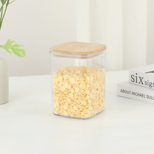 Container Depozitare Alimente si Cereale, Capac Etans din Bambus, Plastic Transparent, 0.8 L, 10 x 10 x 14 cm