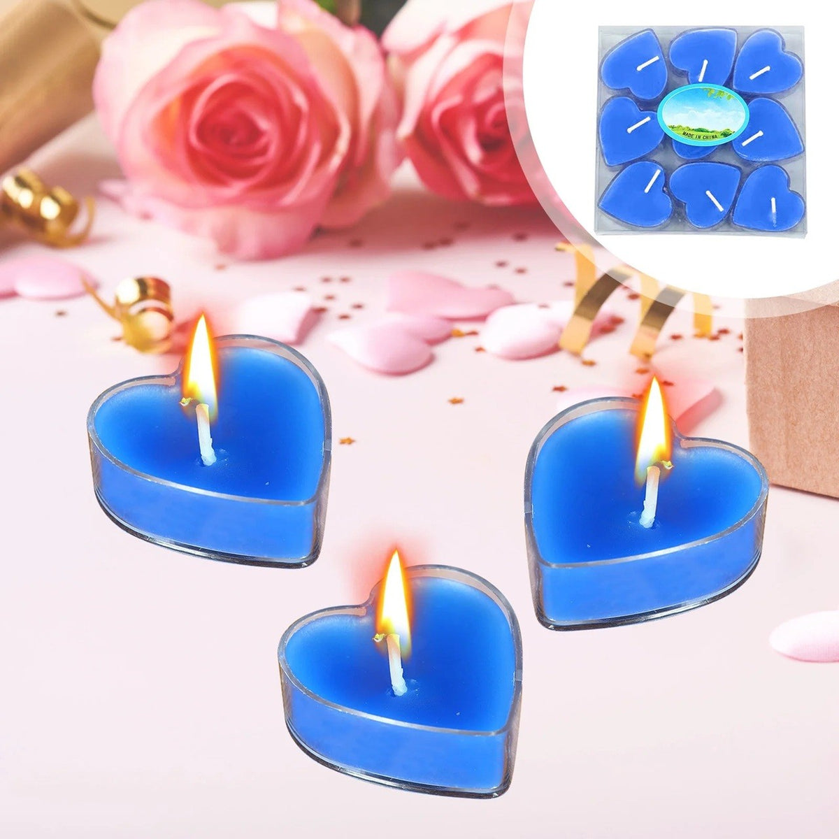 Set 9 Lumanari Parfumate Inima, Ardere 3.5-4 Ore, Aroma Tropicala, Parafina, 4 x 2 cm, Albastru