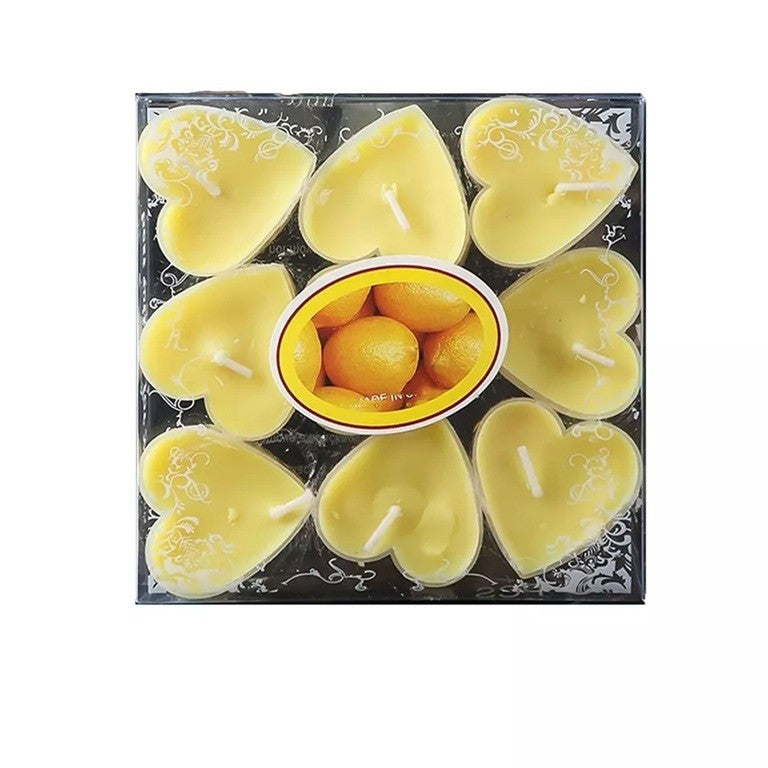 Set 9 Lumanari Parfumate in Forma de Inima, Aroma de Citrice, Ardere 3.5 Ore, Parafina Premium, Galben, 4 x 2 cm