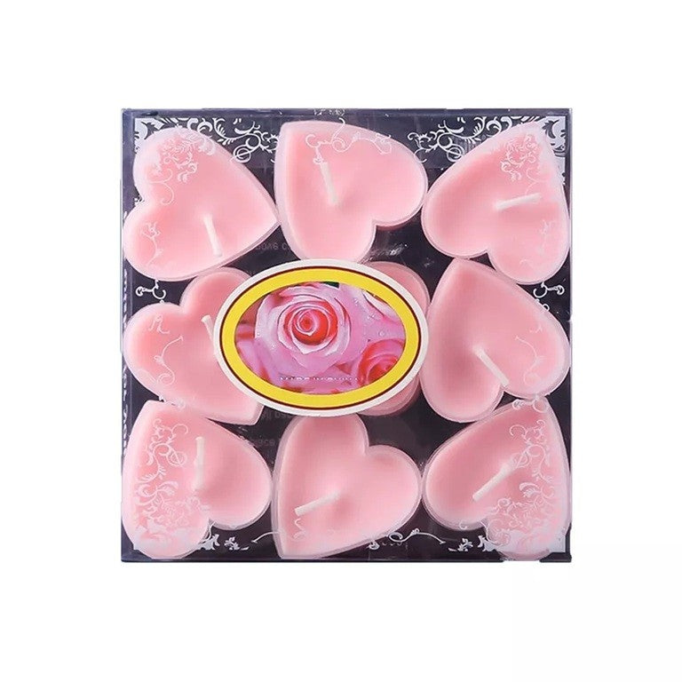 Set 9 Lumanari Parfumate in Forma de Inima, Aroma Trandafiri, Timp de Ardere 4 Ore, Material Parafina, 4 x 2 cm, Roz
