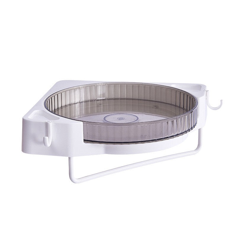 Suport Depozitare Rotativ 360 Grade, Organizator Baie si Bucatarie cu Agatatori si Suport Prosop, Montaj Autoadeziv Fara Gaurire, Plastic, 29 x 29 x 6 cm, Alb