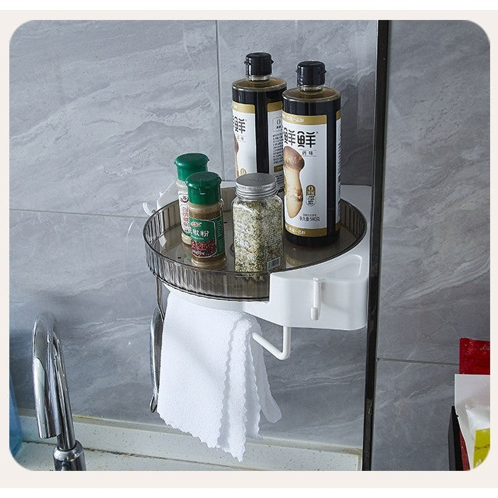 Suport Depozitare Rotativ 360 Grade, Organizator Baie si Bucatarie cu Agatatori si Suport Prosop, Montaj Autoadeziv Fara Gaurire, Plastic, 29 x 29 x 6 cm, Alb