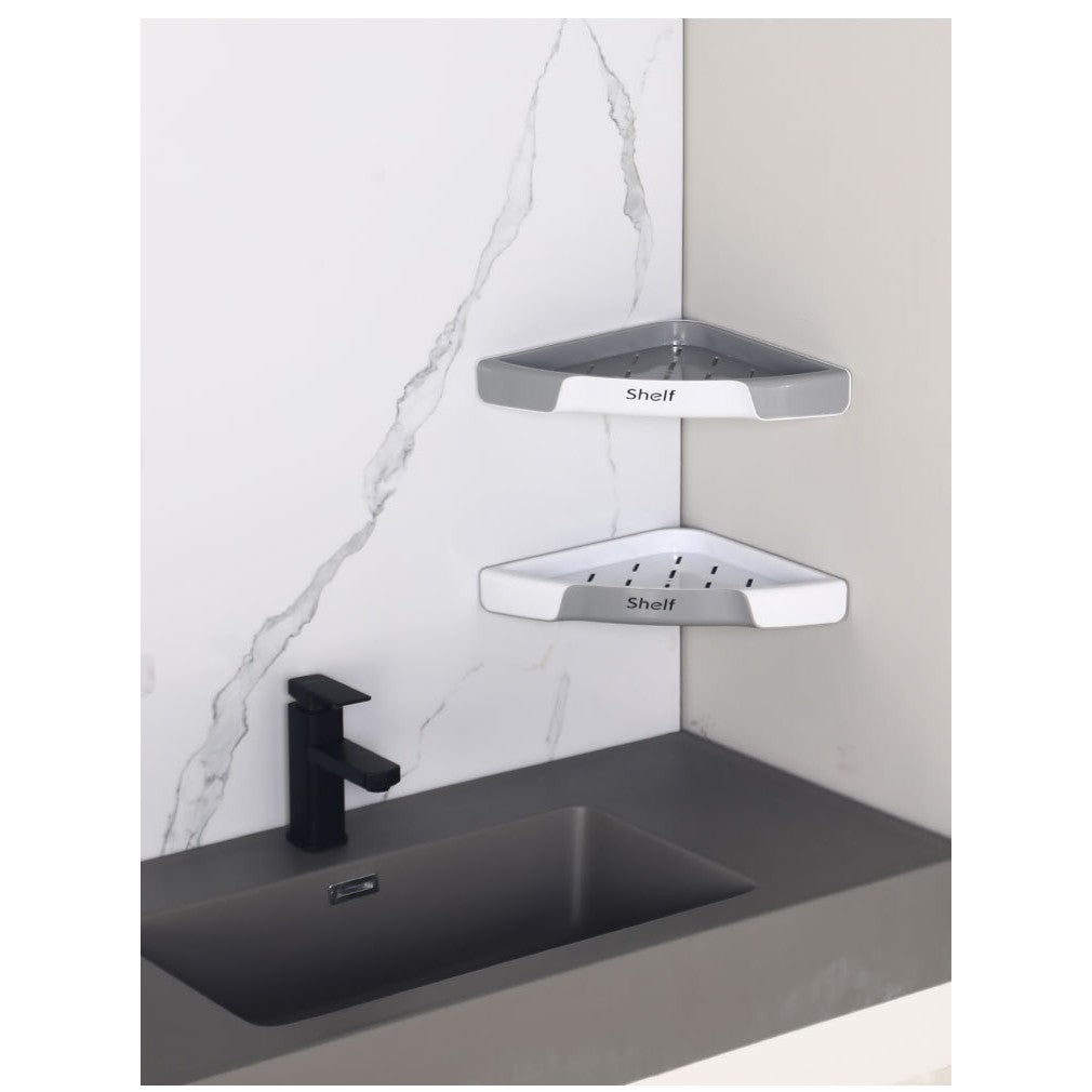 Suport Depozitare Baie si Bucatarie, Raft Organizator Autoadeziv cu Montare Fara Perforare, Plastic Lucios Rezistent, 28 x 39 x 4.5 cm, Gri