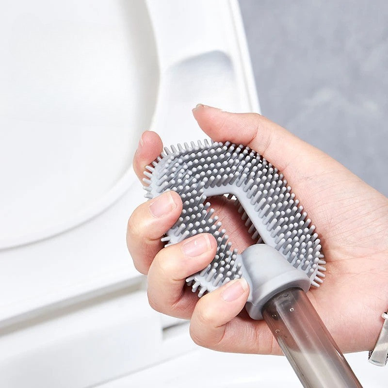 Perie de Toaleta cu Recipient pentru Detergent si Dozator, Cap Flexibil din Silicon TPR, Montare pe Perete fara Gaurire, Plastic, 40 x 9 cm, Alb