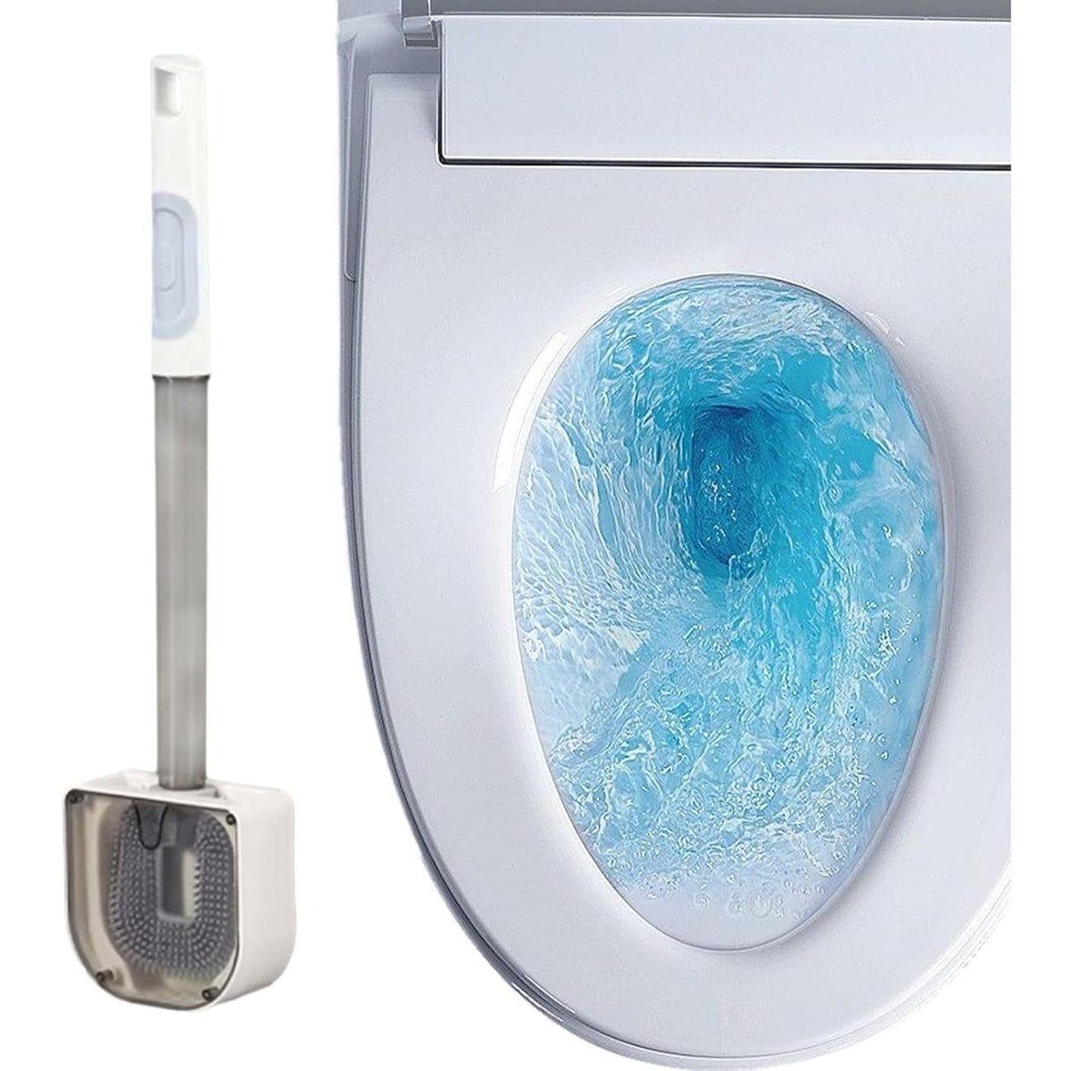 Perie de Toaleta cu Recipient pentru Detergent si Dozator, Cap Flexibil din Silicon TPR, Montare pe Perete fara Gaurire, Plastic, 40 x 9 cm, Alb