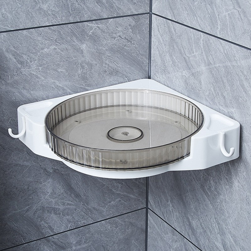 Suport Depozitare Rotativ 360 Grade, Organizator Baie si Bucatarie cu Agatatori si Suport Prosop, Montare Fara Gaurire Autoadeziv, Plastic, 29 x 29 x 6 cm, Gri