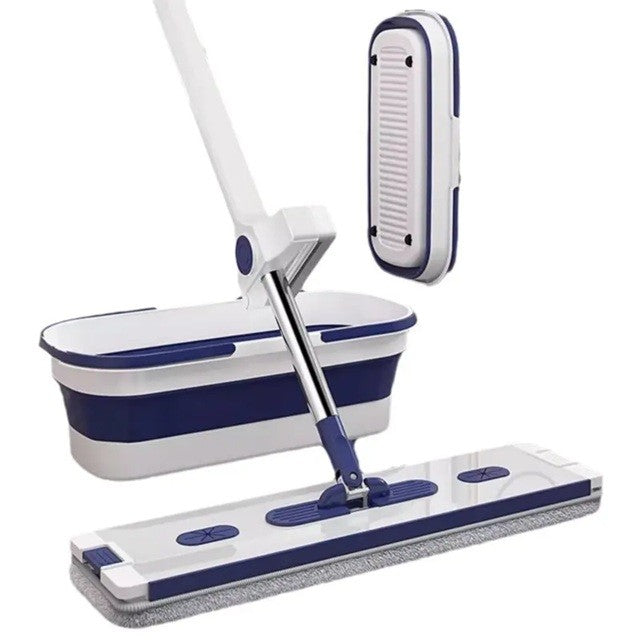 Mop Plat cu Găleată Pliabilă, Sistem de Stoarcere și Recipient Lichid, Oțel Inoxidabil și Plastic, Tijă Telescopică 127 cm, 2 Rezerve Microfibră, Albastru