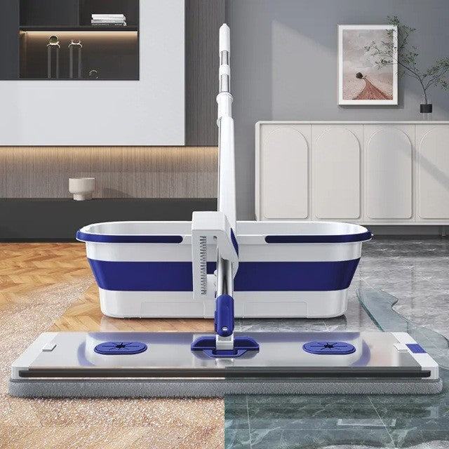 Mop Plat cu Găleată Pliabilă, Sistem de Stoarcere și Recipient Lichid, Oțel Inoxidabil și Plastic, Tijă Telescopică 127 cm, 2 Rezerve Microfibră, Albastru