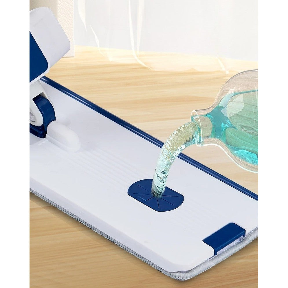 Mop Plat cu Găleată Pliabilă, Sistem de Stoarcere și Recipient Lichid, Oțel Inoxidabil și Plastic, Tijă Telescopică 127 cm, 2 Rezerve Microfibră, Albastru
