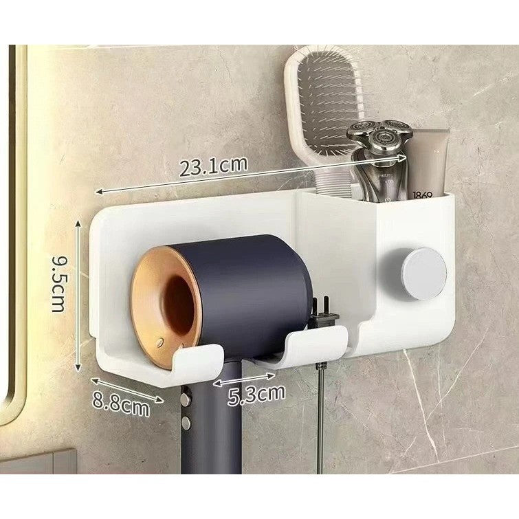 Suport de Baie pentru Uscator de Par, Organizator Dublu cu Suport Cablu, Montaj Adeziv fara Gaurire, Plastic, 23 x 8.8 x 9.5 cm, Alb