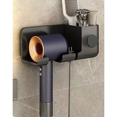 Suport Baie pentru Uscator de Par, Organizator Dublu cu Suport Cablu, Montaj Adeziv Fara Gaurire, Plastic Durabil, 23 x 8.8 x 9.5 cm, Negru