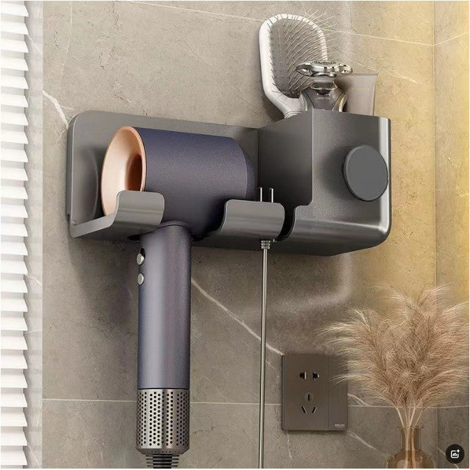 Suport Baie pentru Uscator de Par, Organizator Dublu cu Suport Cablu, Montaj Adeziv Fara Gaurire, Plastic Durabil, 23 x 8.8 x 9.5 cm, Negru