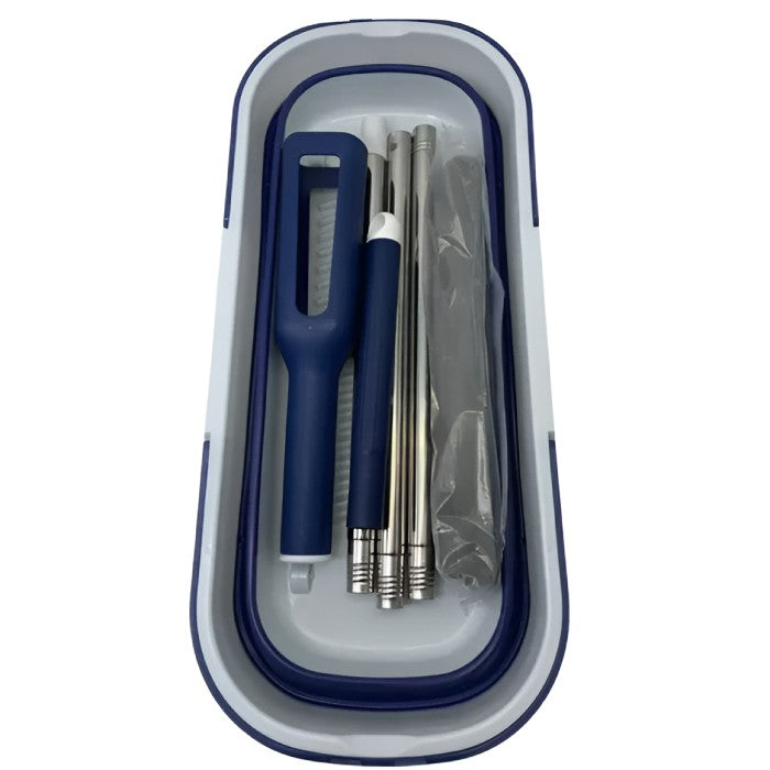 Set Mop Telescopic cu Galeata Pliabila si Roti, Sistem Dublu de Stoarcere, Tija Inoxidabila 140 cm, Cap Bumbac Absorbant 32 cm, Albastru/Alb