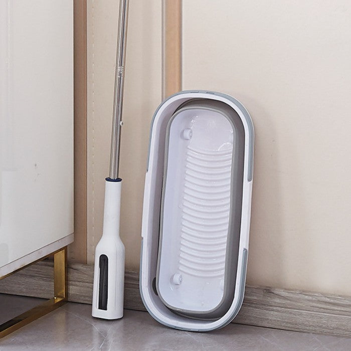Set Mop Telescopic cu Galeata Pliabila si Roti, Sistem de Stoarcere prin Presare, Cap Bumbac Absorbant 32 cm, Maner Otel Inoxidabil 140 cm, Gri/Alb