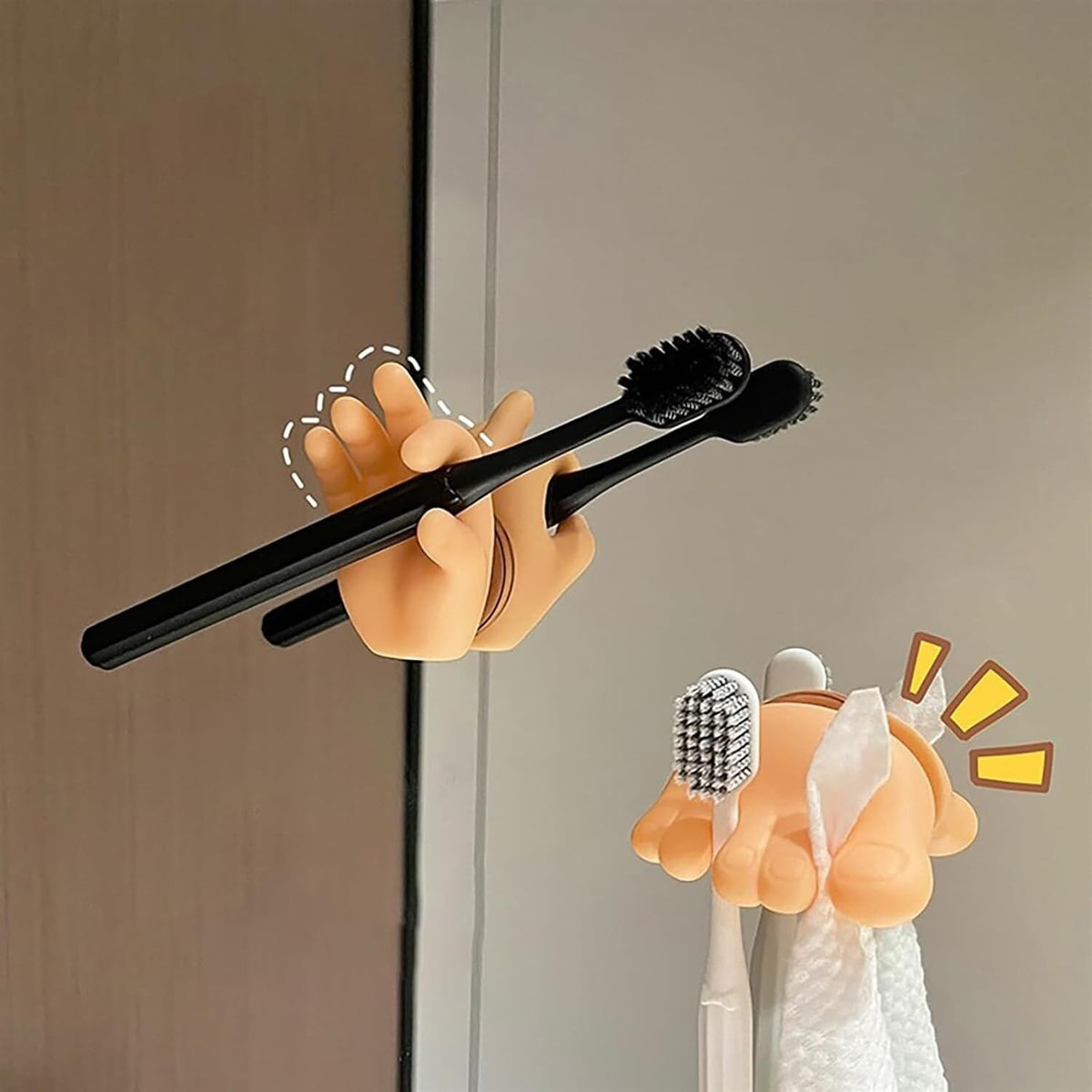 Suport Baie Multifunctional Pentru Periute Si Cabluri, Fixare Cu Ventuza Fara Gaurire, Model Mana Din PVC, 7 x 6.5 cm, Crem