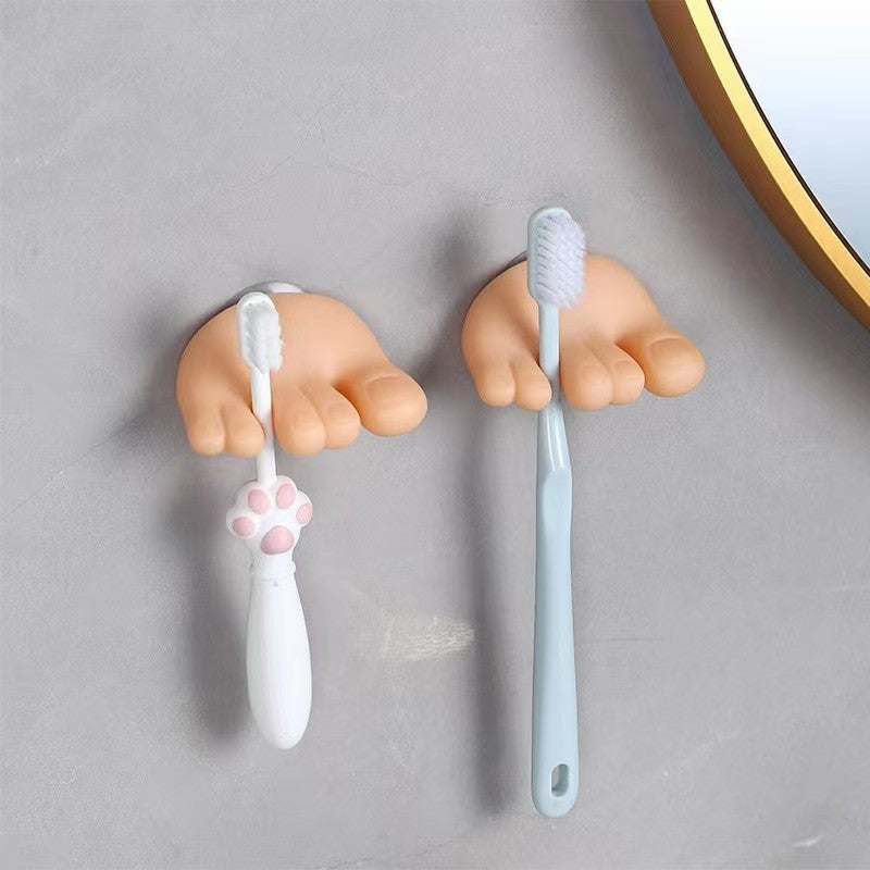 Suport de Baie Multifunctional pentru Periute de Dinti si Cabluri, Montare cu Ventuza fara Gaurire, Design Forma de Picior, Material PVC, 4 x 6.5 cm, Crem