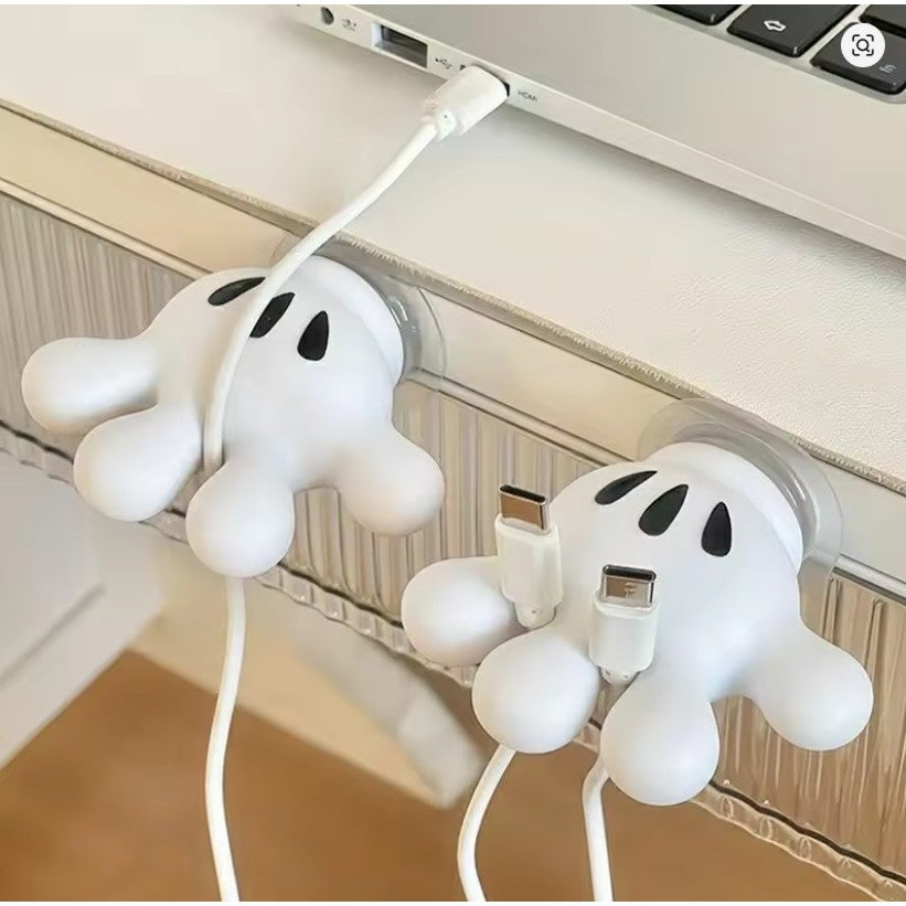 Suport de Baie Multifuncțional, Agățătoare pentru Periuțe de Dinți și Cabluri, Fixare cu Ventuză, Design Mănușă Mickey Mouse, PVC, 7 x 6.5 cm, Alb