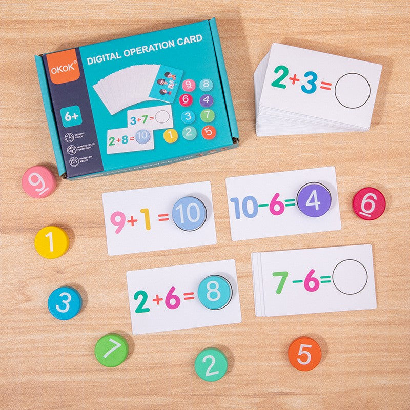 Joc Educational Matematica, Invatare Adunare si Scadere, 46 Planse Fata-Verso cu 92 Exercitii, Cifre din Lemn Natural, 3+ Ani, Multicolor
