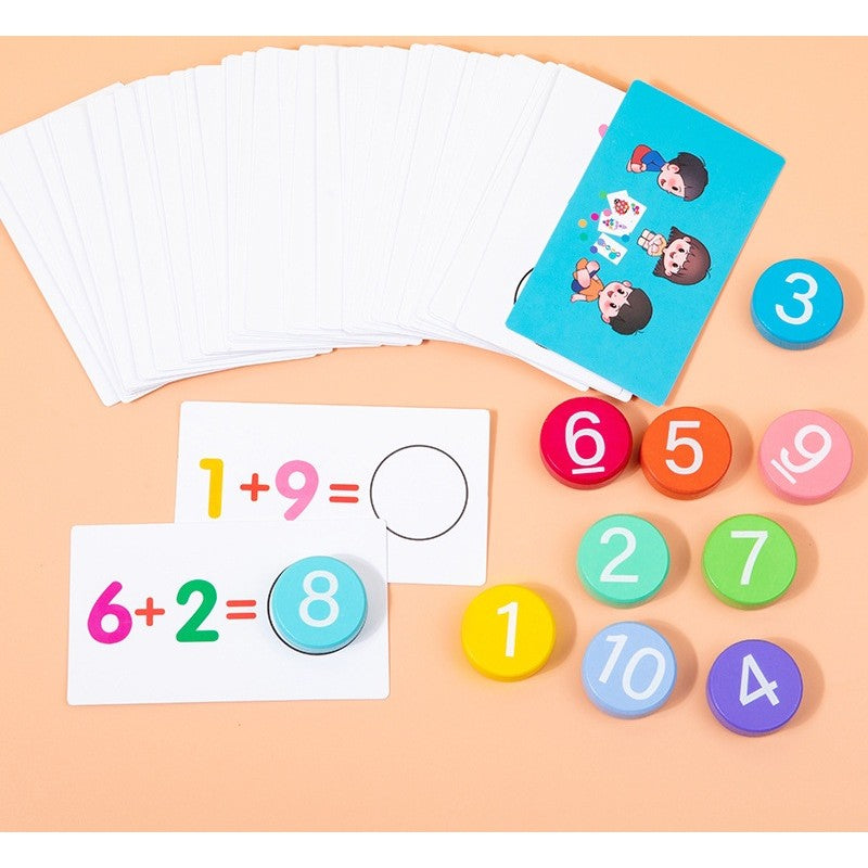 Joc Educational Matematica, Invatare Adunare si Scadere, 46 Planse Fata-Verso cu 92 Exercitii, Cifre din Lemn Natural, 3+ Ani, Multicolor