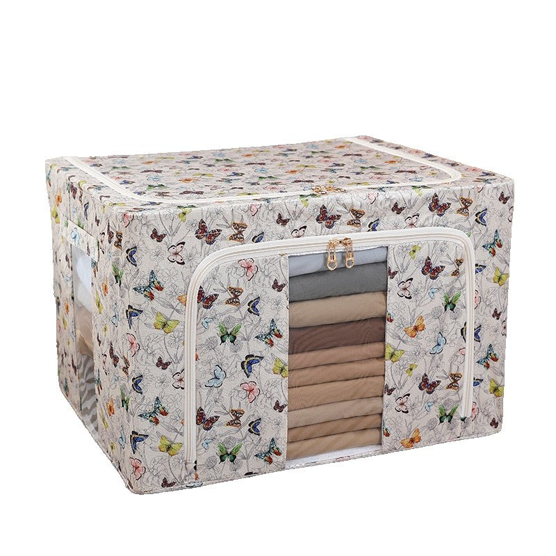 Cutie Depozitare Pliabilă cu Cadru Oțel, Organizator Haine și Lenjerii cu Fereastră și Fermoar, Material Textil, 66L, 50 x 40 x 33 cm, Multicolor cu Fluturași