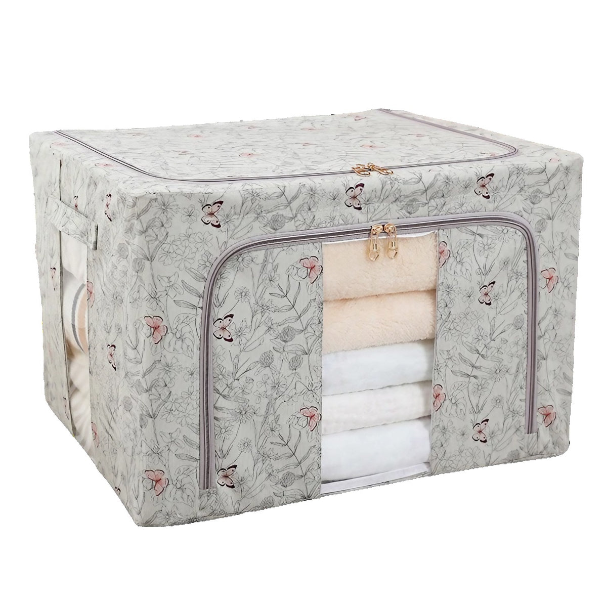 Cutie Depozitare Haine si Lenjerii, Pliabila cu Cadru Metalic si Fereastra, Material Textil, 66L, Model Fluturasi, Gri, 50 x 40 x 33 cm