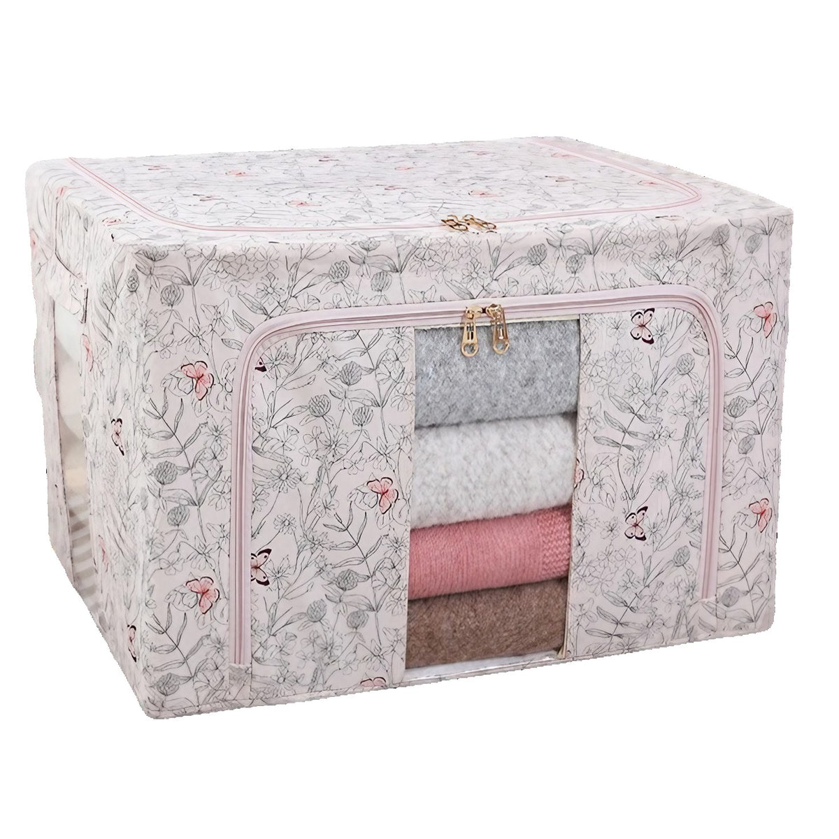 Cutie Depozitare Haine si Lenjerii, Pliabila cu Cadru Metalic si Fereastra, Material Textil Ecologic, 66 Litri, Model Fluturasi, Roz, 50 x 40 x 33 cm
