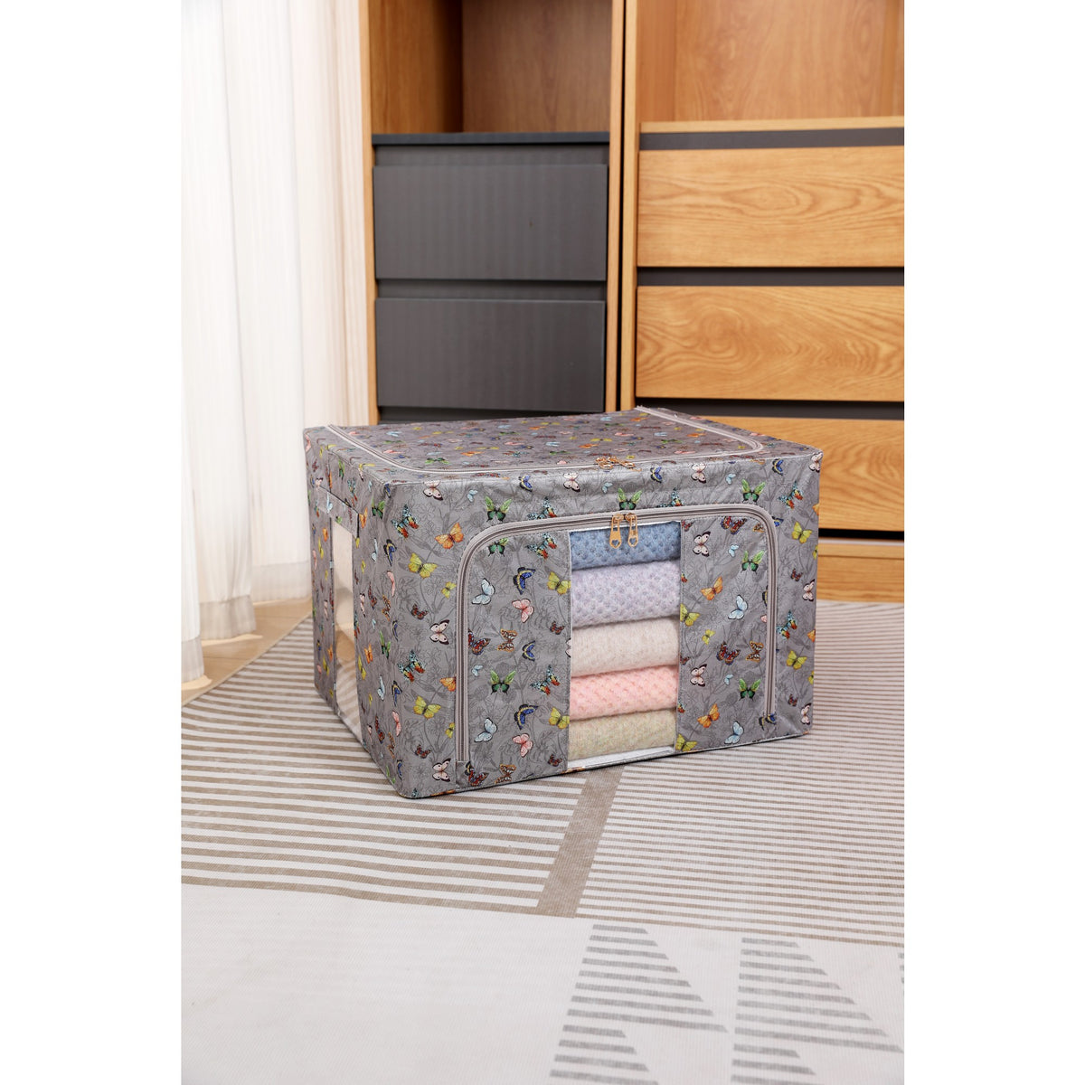 Cutie Depozitare Haine si Lenjerii, Pliabila cu Cadru Metalic si Fereastra, Material Textil Ecologic, Model Fluturasi, Gri Inchis, 66L, 50 x 40 x 33 cm