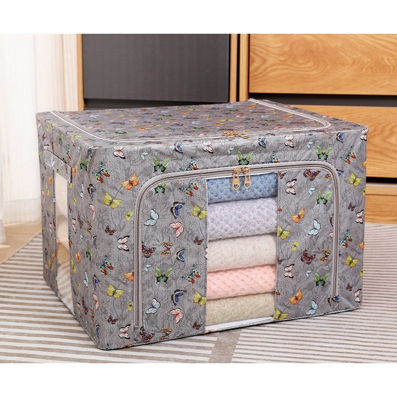 Cutie Depozitare Haine si Lenjerii, Pliabila cu Cadru Metalic si Fereastra, Material Textil Ecologic, Model Fluturasi, Gri Inchis, 66L, 50 x 40 x 33 cm