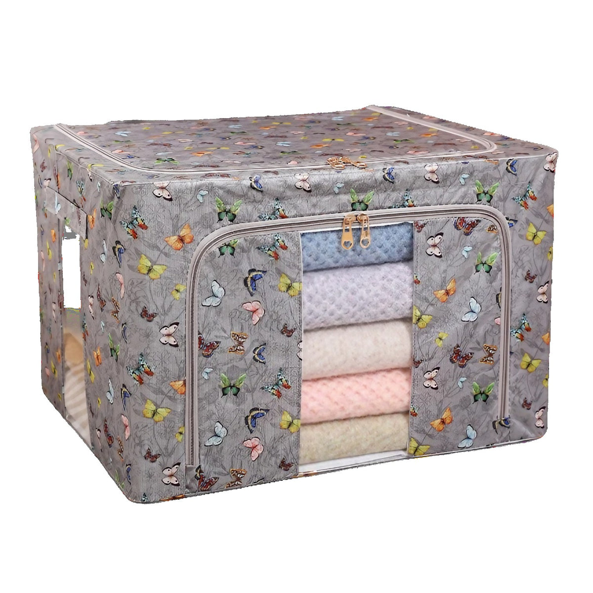 Cutie Depozitare Haine si Lenjerii, Pliabila cu Cadru Metalic si Fereastra, Material Textil Ecologic, Model Fluturasi, Gri Inchis, 66L, 50 x 40 x 33 cm