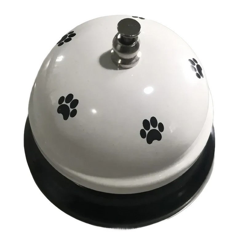 Clopotel Metalic Multifunctional pentru Dresaj Canin si Receptie, Imprimeu Labuta, Metal si Plastic, Alb cu Negru, 7.5x7.5x6.5 cm