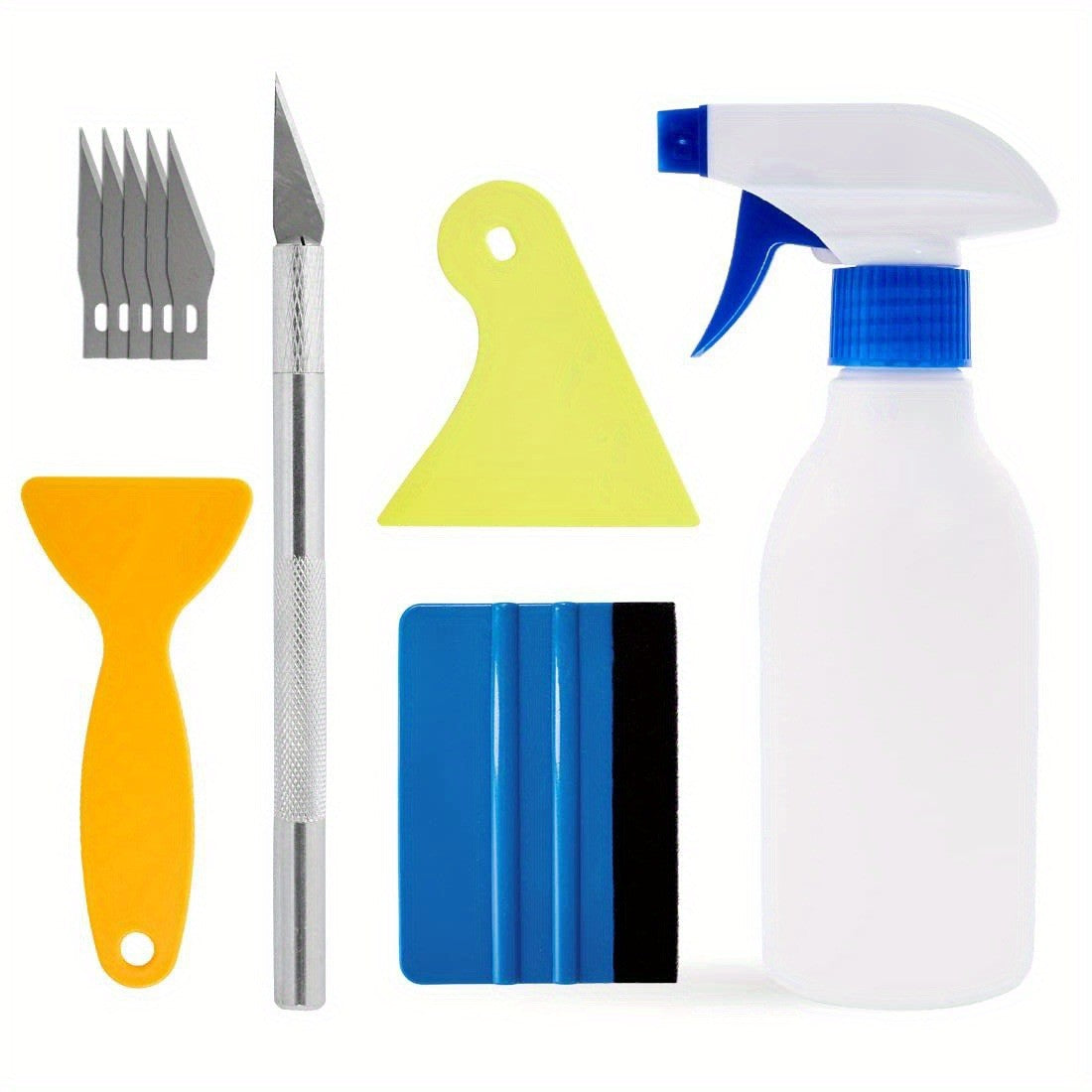 Set 10 Accesorii pentru Colantare Auto și Aplicare Folie, Kit Montaj cu Răzuitoare, Lame și Pulverizator, Plastic PP, Multicolor