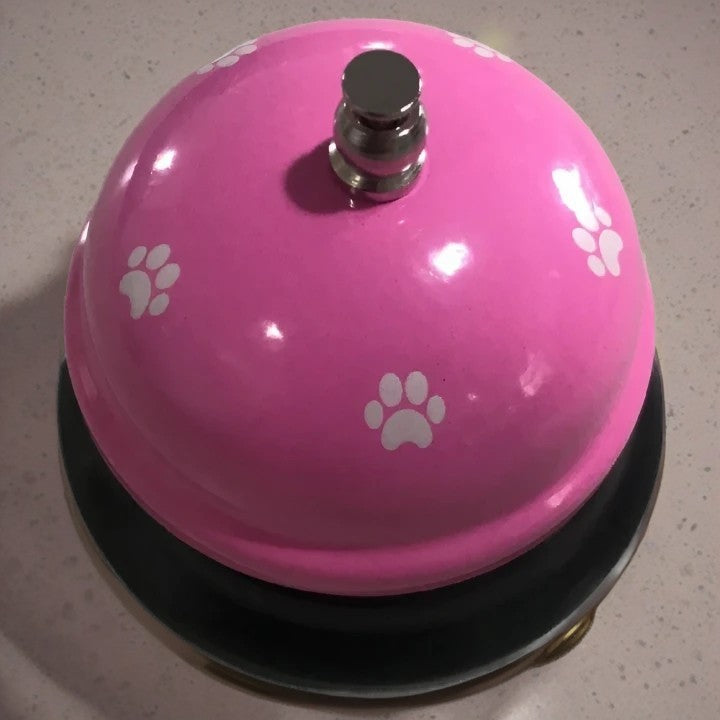 Clopotel Metalic Multifunctional pentru Dresaj Animale, Receptie si Restaurante, Design Labuta, Roz cu Alb, 7.5x7.5x6.5 cm