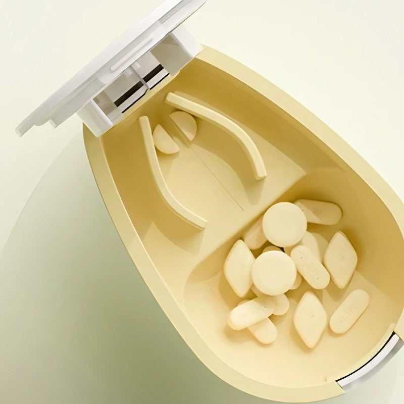 Taietor Pastile cu Compartiment Depozitare Medicamente, Lama Inox pentru Divizare Precisa, Dispozitiv Organizator Portabil, Plastic, Alb, 8x5x2.65 cm